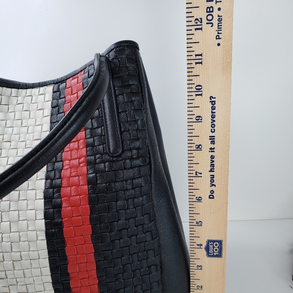 Clever Carriage Black Red & Ivory Striped Weaved Leather Beautiful Shoulder Bag - Picture 9 of 11